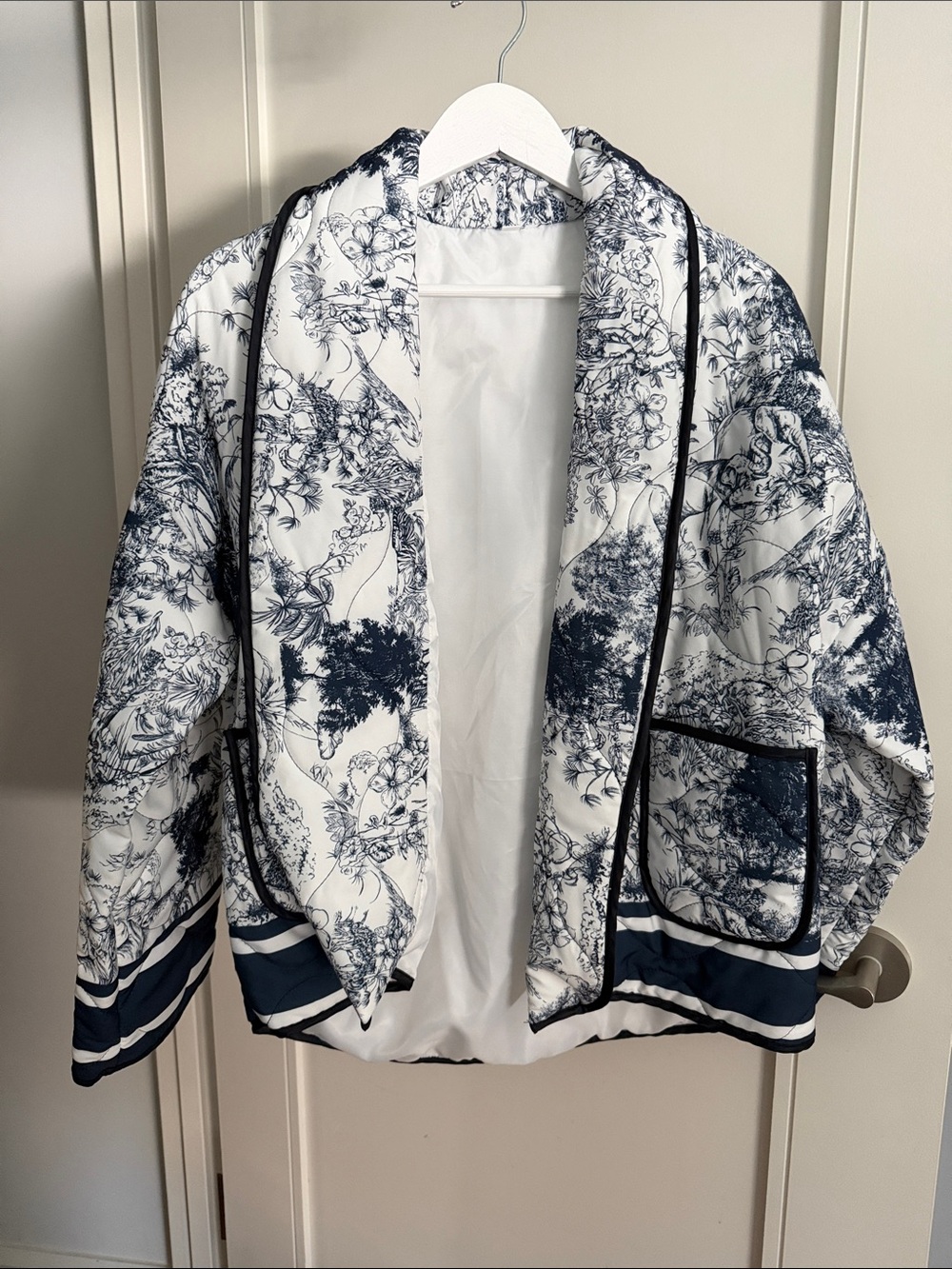 Navy & White Floral Satin-Trim Jacket